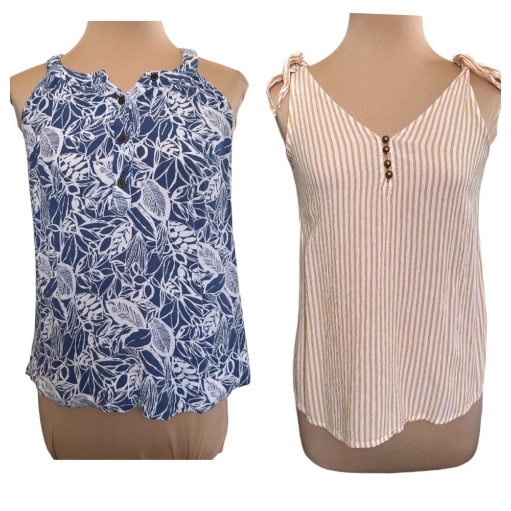 Bundle of 2 a.n.a. Blouses Sleeveless Blue Floral Mustard Stripped Rayon Size XS